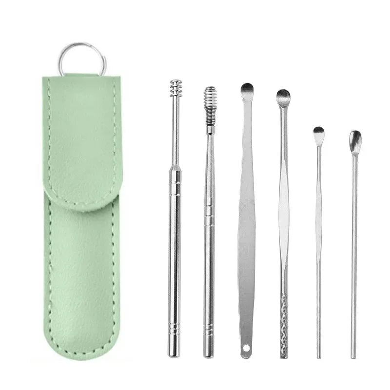 6pcs Stainless Steel Ear Wax Removal Tool Set Spiral Rotating EarPicking Spoon Ear Picker Spoon For Cleaning Collecting Ear Wax