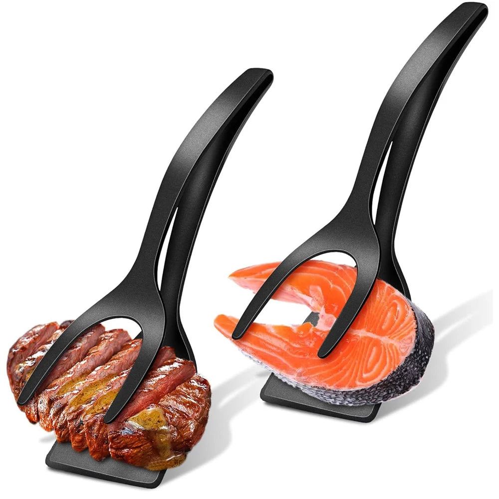New 2 in 1 Grip Flip Spatula Tongs Egg Flipper Spatula Nylon Non Stick Coating Pancake Fish French Toast Omelet Making Tool
